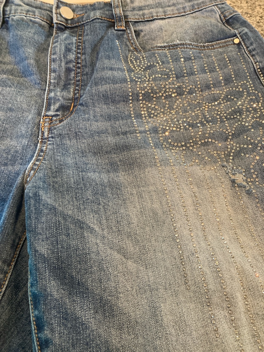 French Dressing Jeans.  New. USA 14.  Distressed with silver sparkle.  Suzanne